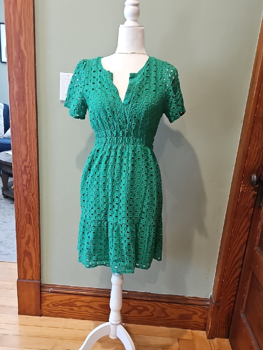 Green Eyelet Short-Sleeve Mini Dress - Women's